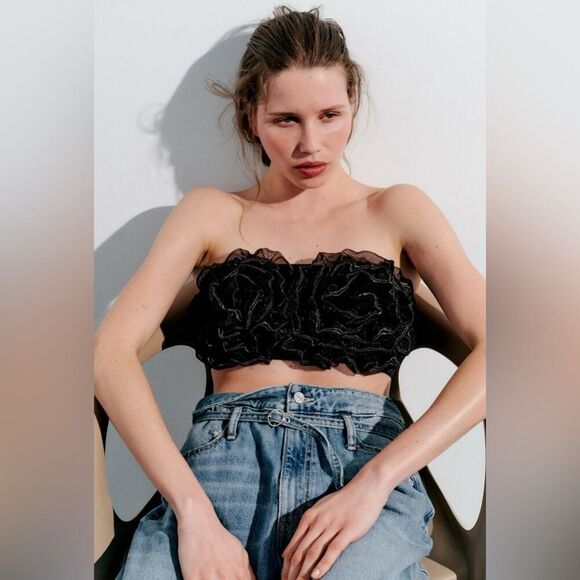 Zara Black Organza Flower Maxi Bandeau Top NWOT Size Small - Picture 1 of 9